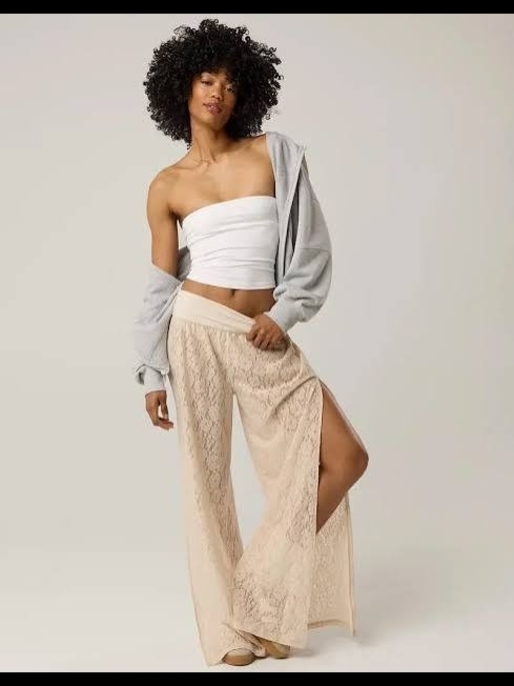 Aerie Lace Wide-Leg Split Pant in Beige Multiple Nwt